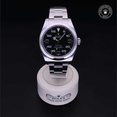 Rolex Certified Pre-owned Air-King M116900-0001 front on black background