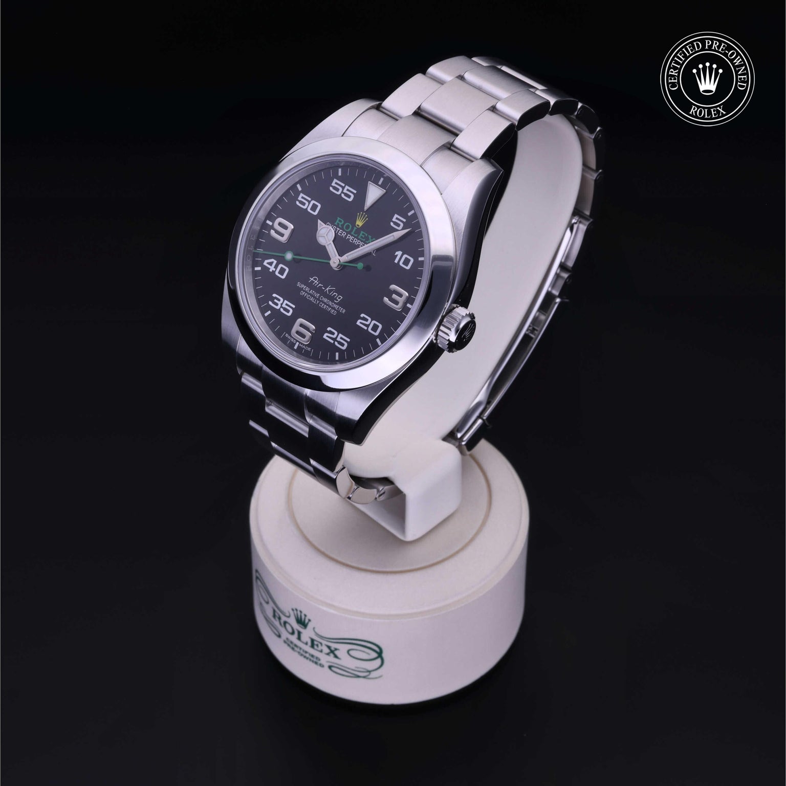 Rolex Certified Pre-owned Air-King M116900-0001 front on black background