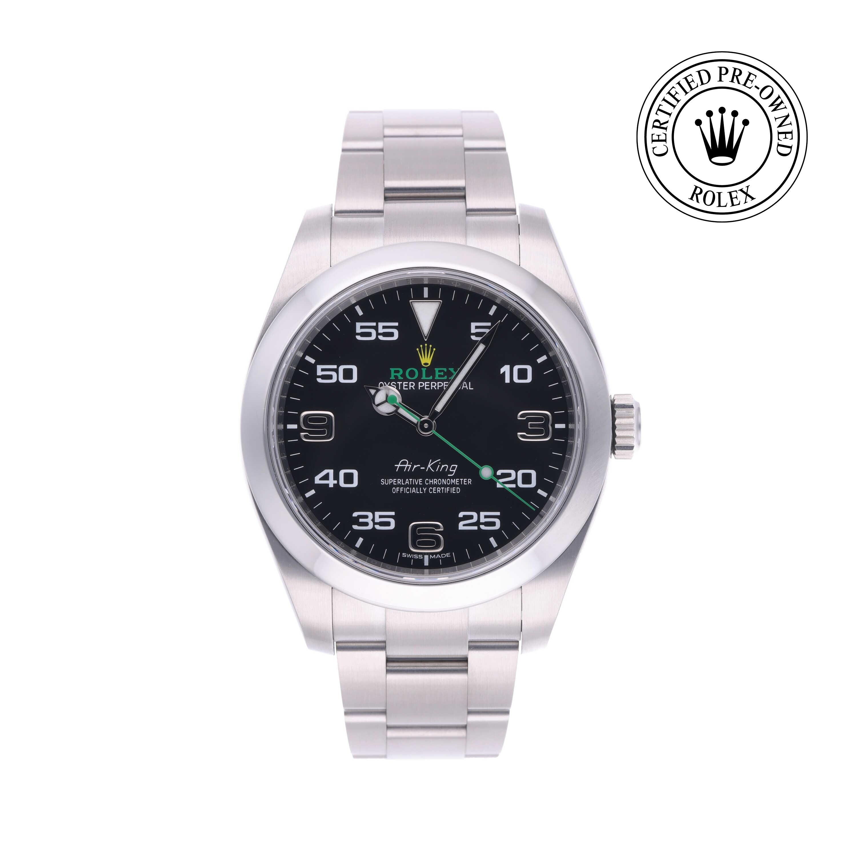Rolex Certified Pre-owned Air-King M116900-0001 front on white background