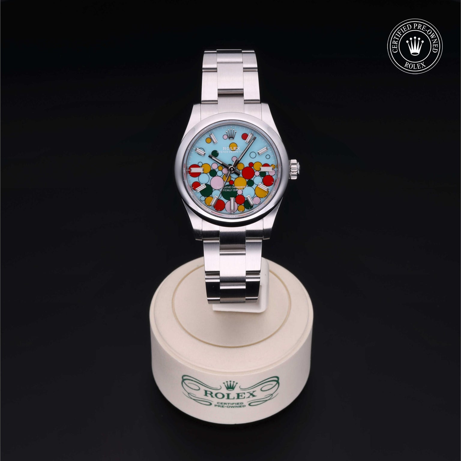 Rolex Certified Pre-owned Oyster Perpetual M277200-0010 front on black background