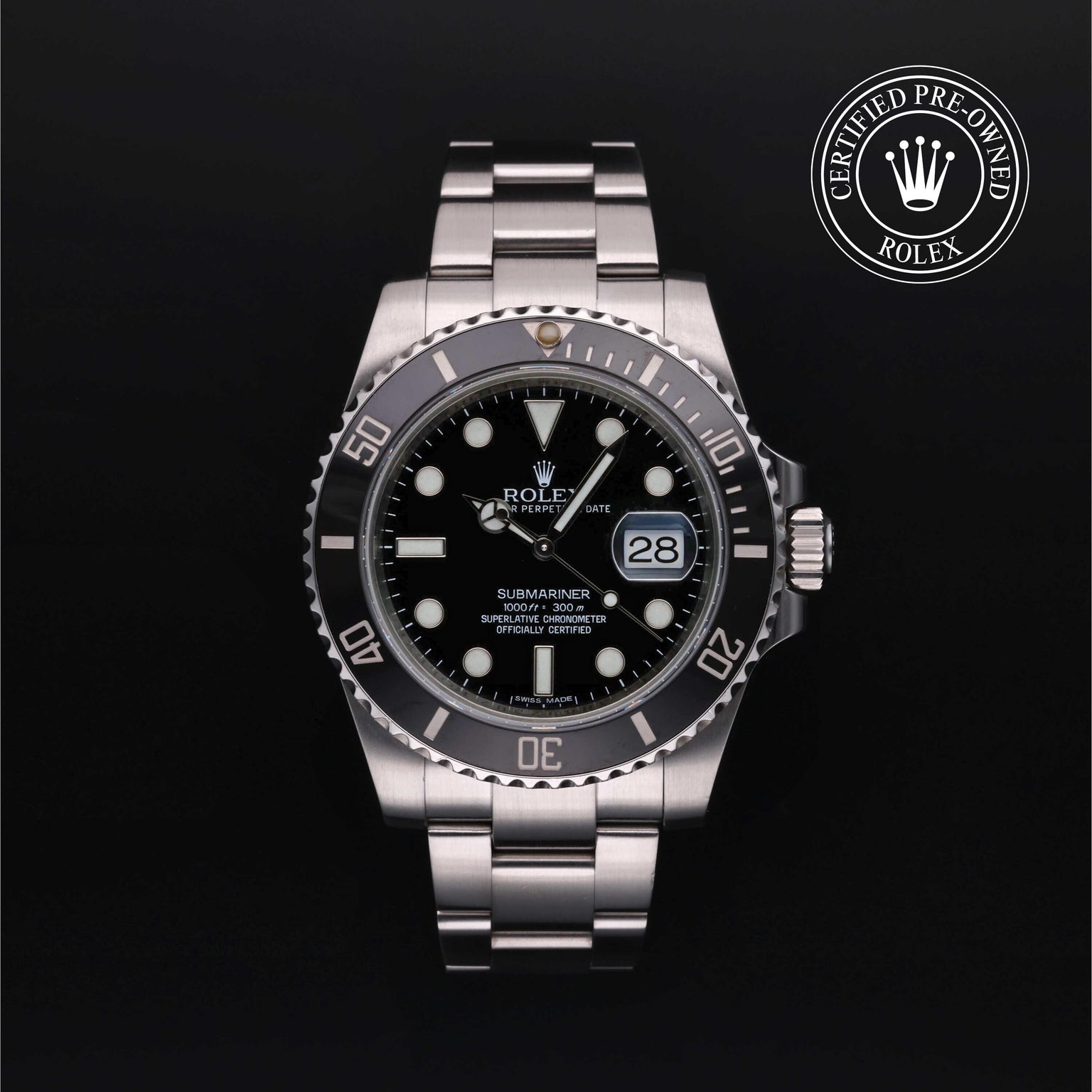 Rolex Certified Pre-owned Submariner M116610LN-0001 front on black background