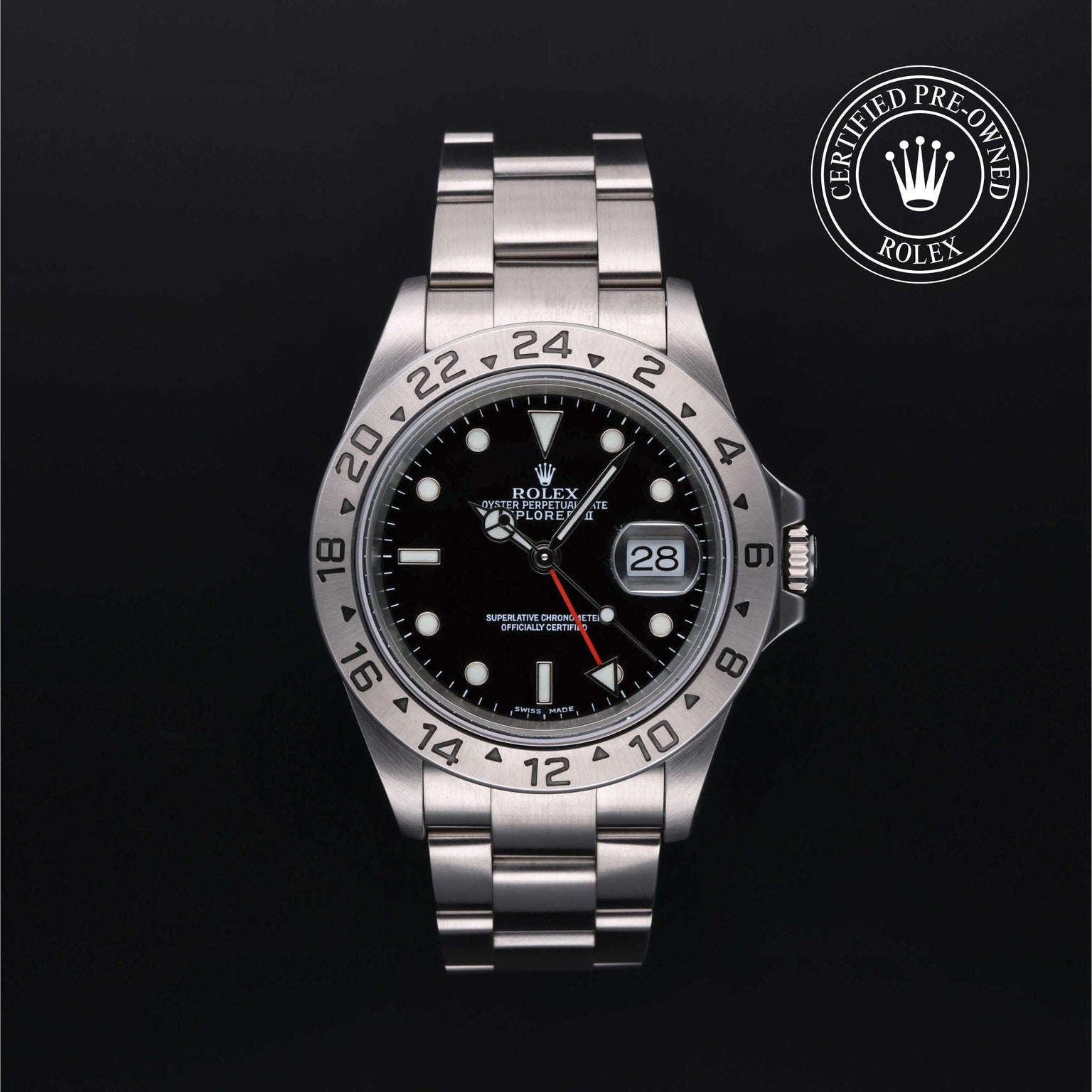 Rolex Certified Pre-owned Explorer M16570-0005 front on black background