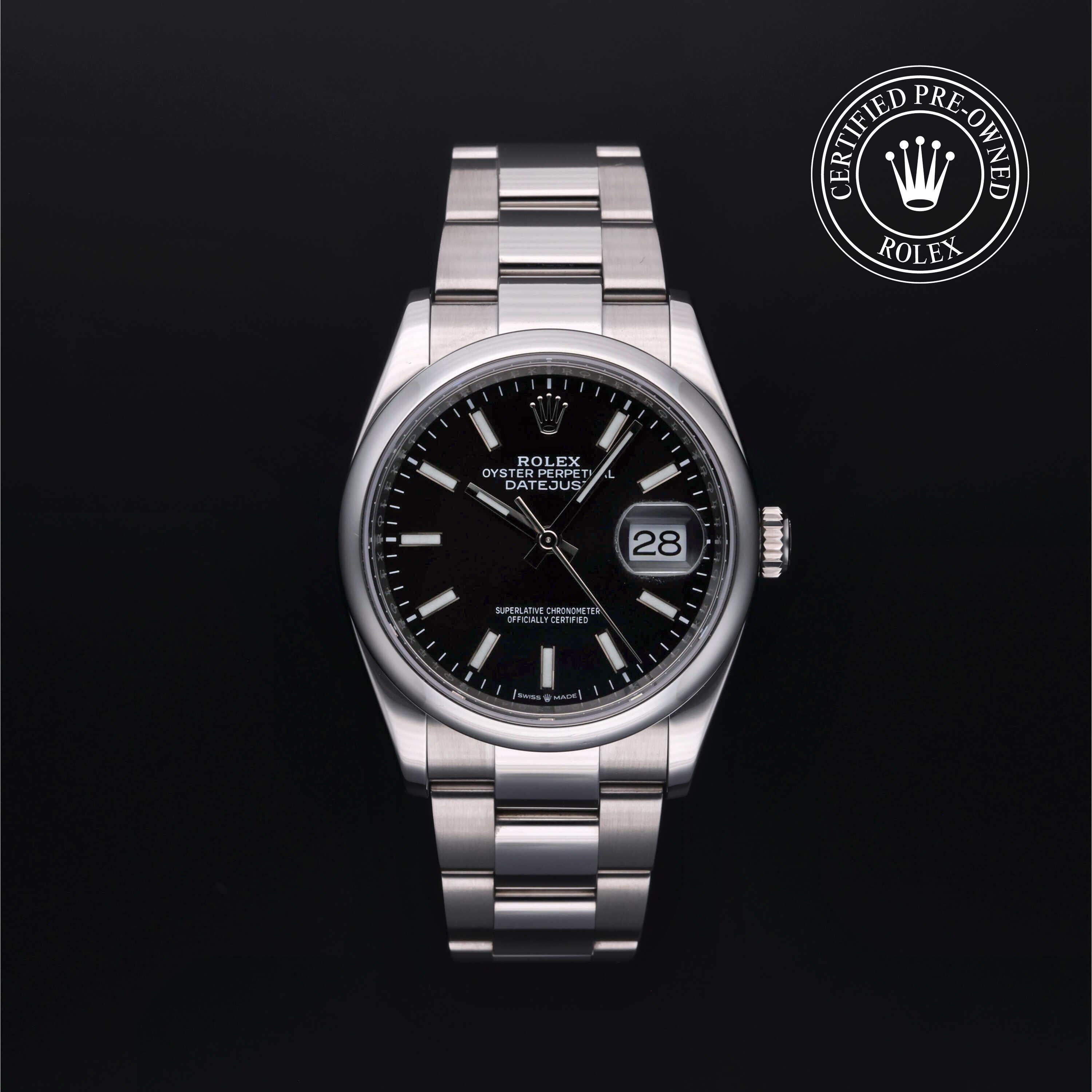 Rolex Certified Pre-owned Datejust M126200-0004 front on black background