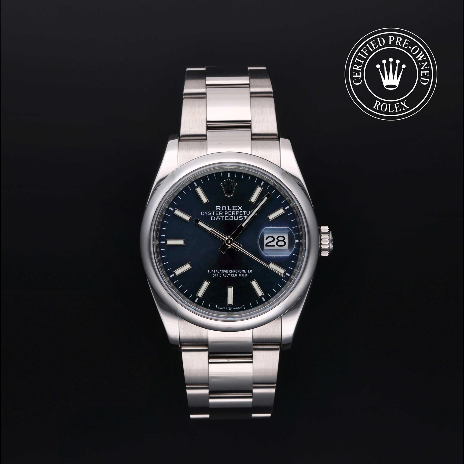 Rolex Certified Pre-owned Datejust M126200-0006 front on black background