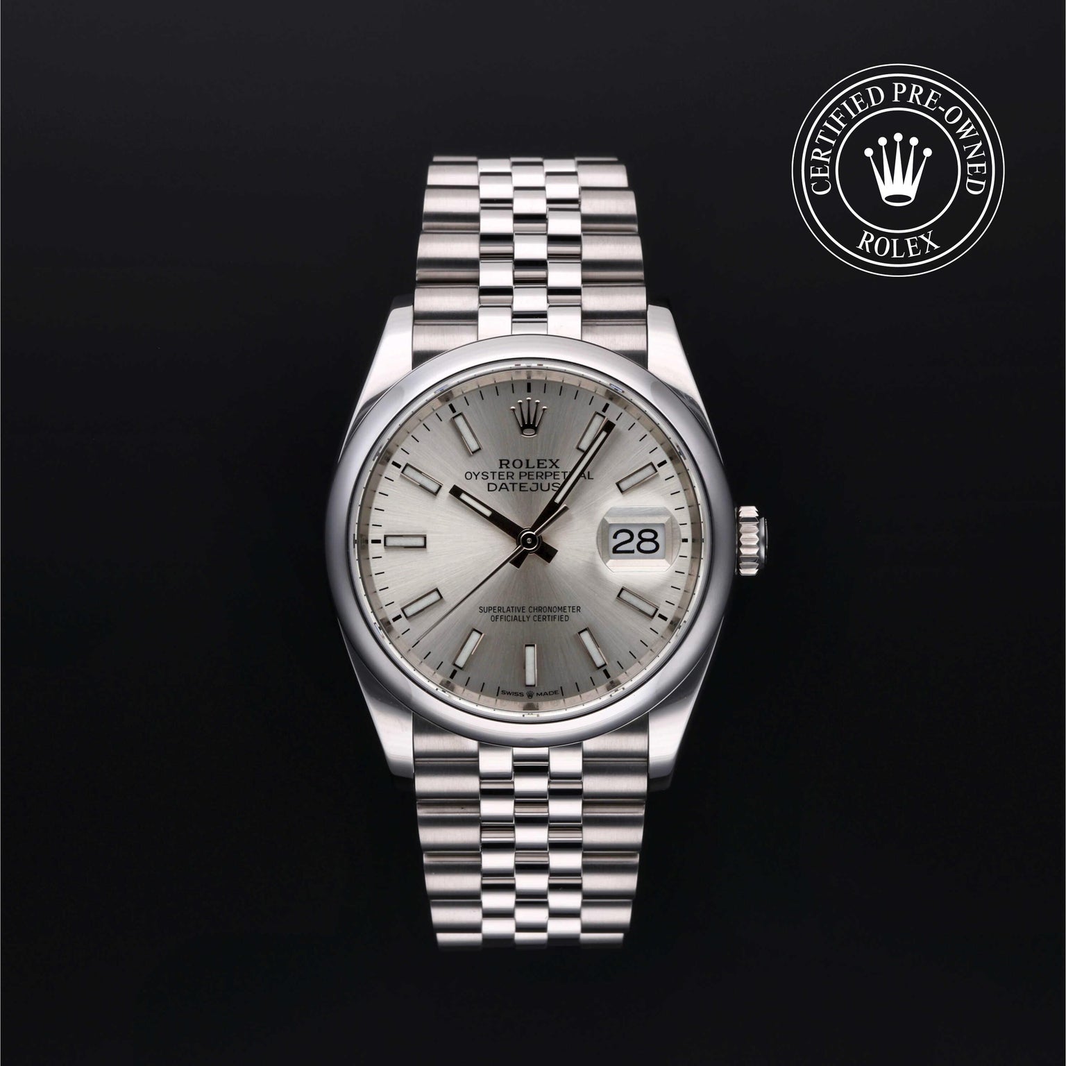 Rolex Certified Pre-owned Datejust M126200-0001 front on black background