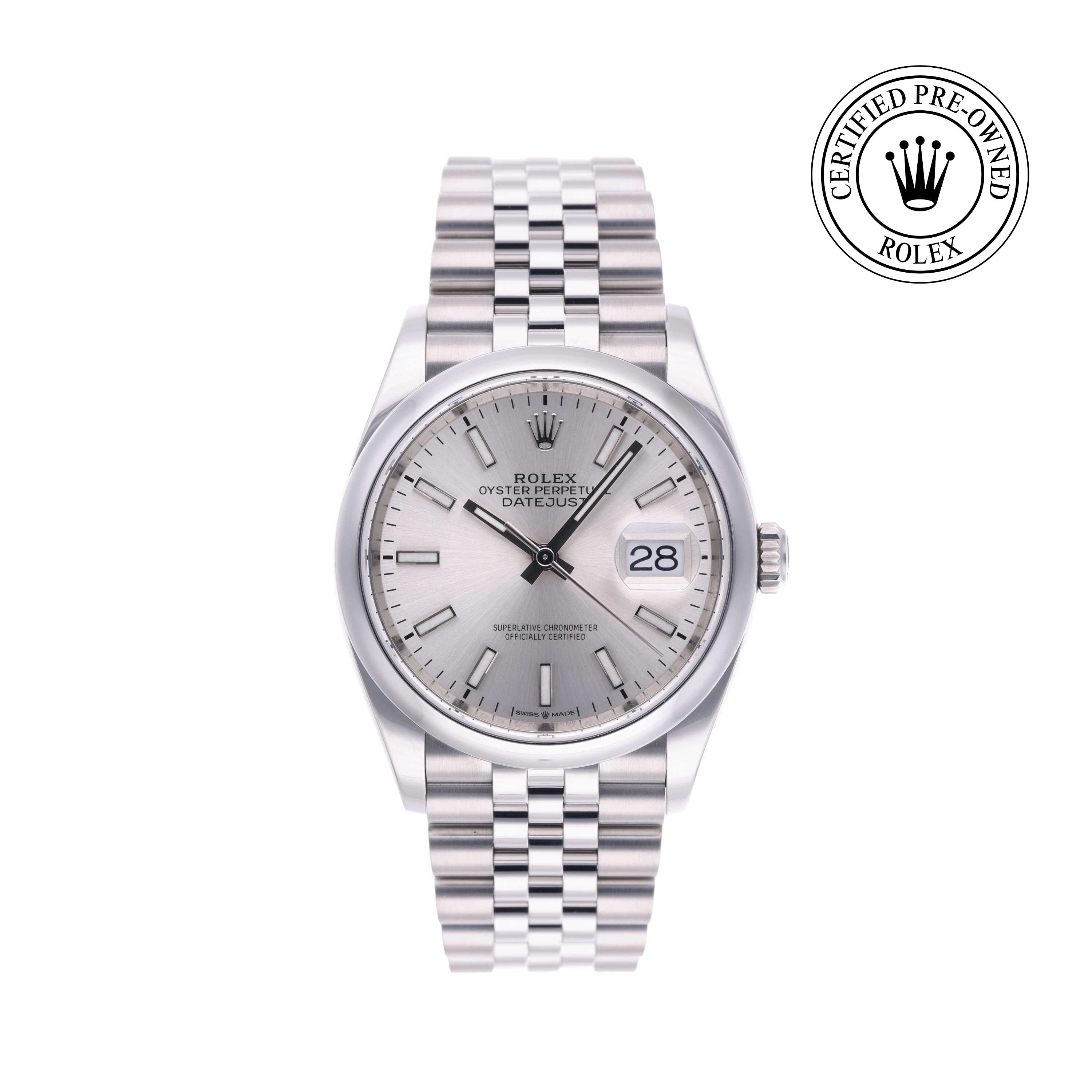 Rolex Certified Pre-owned Datejust M126200-0001 front on white background