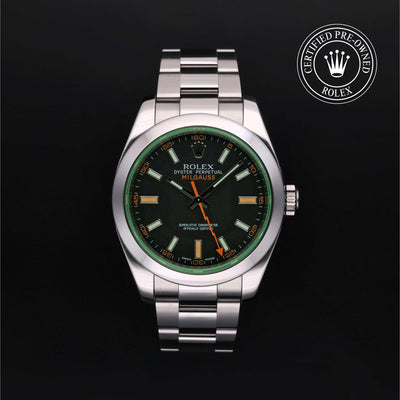 Rolex Certified Pre-owned Milgauss M116400GV-0001 front on black background