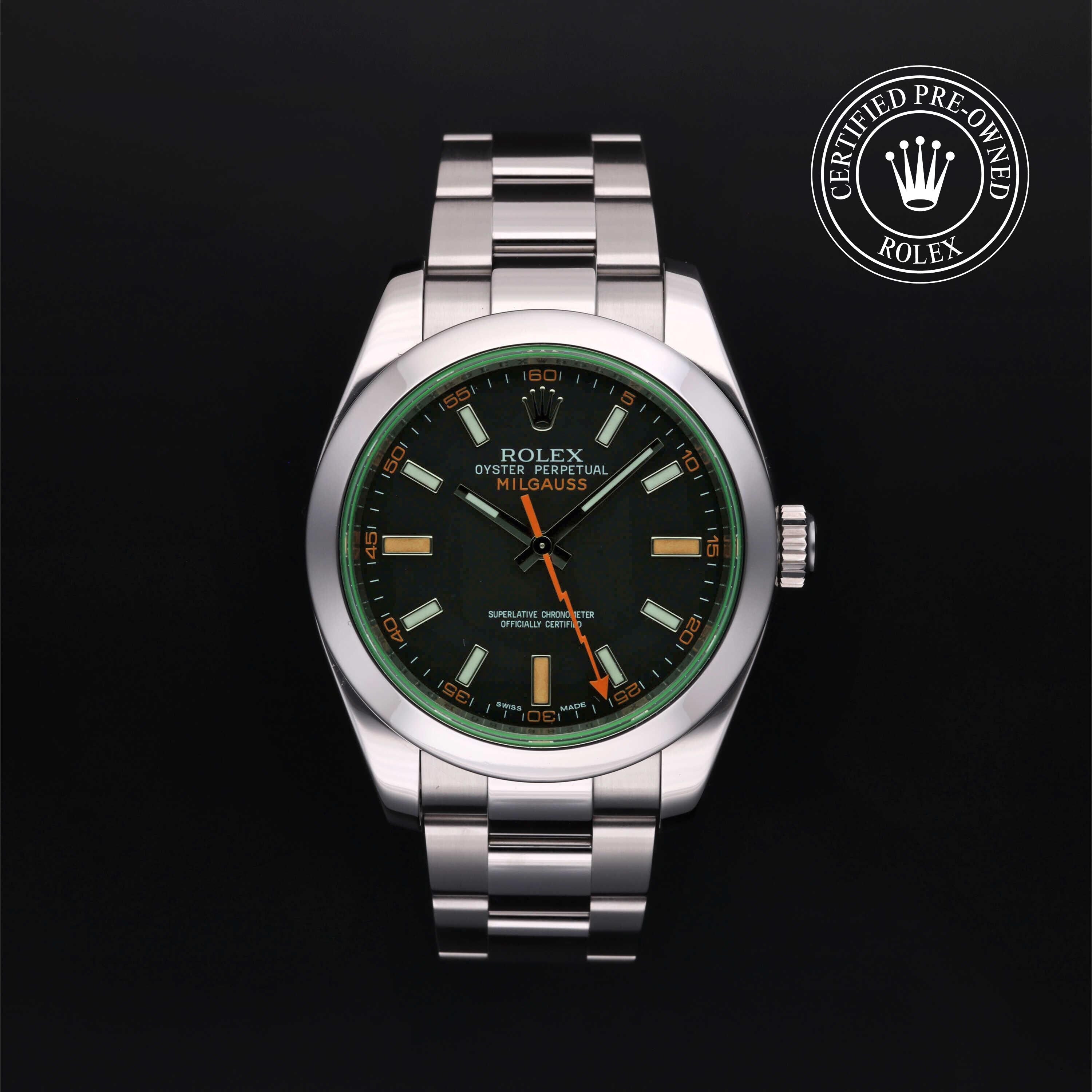 Rolex Certified Pre-owned Milgauss M116400GV-0001 front on black background