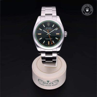 Rolex Certified Pre-owned Milgauss M116400GV-0001 front on black background