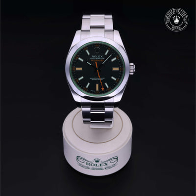 Rolex Certified Pre-owned Milgauss M116400GV-0001 front on black background