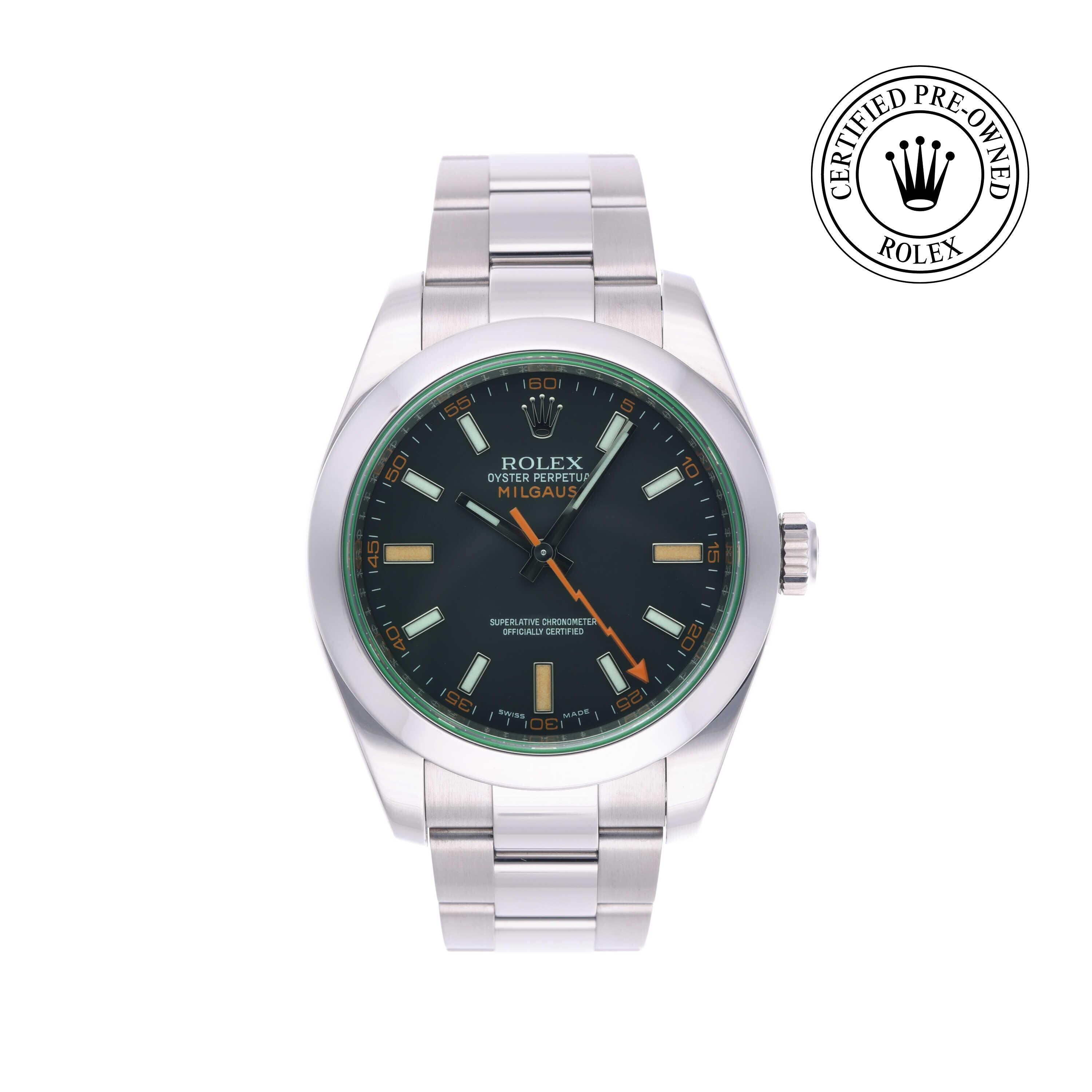 Rolex Certified Pre-owned Milgauss M116400GV-0001 front on white background