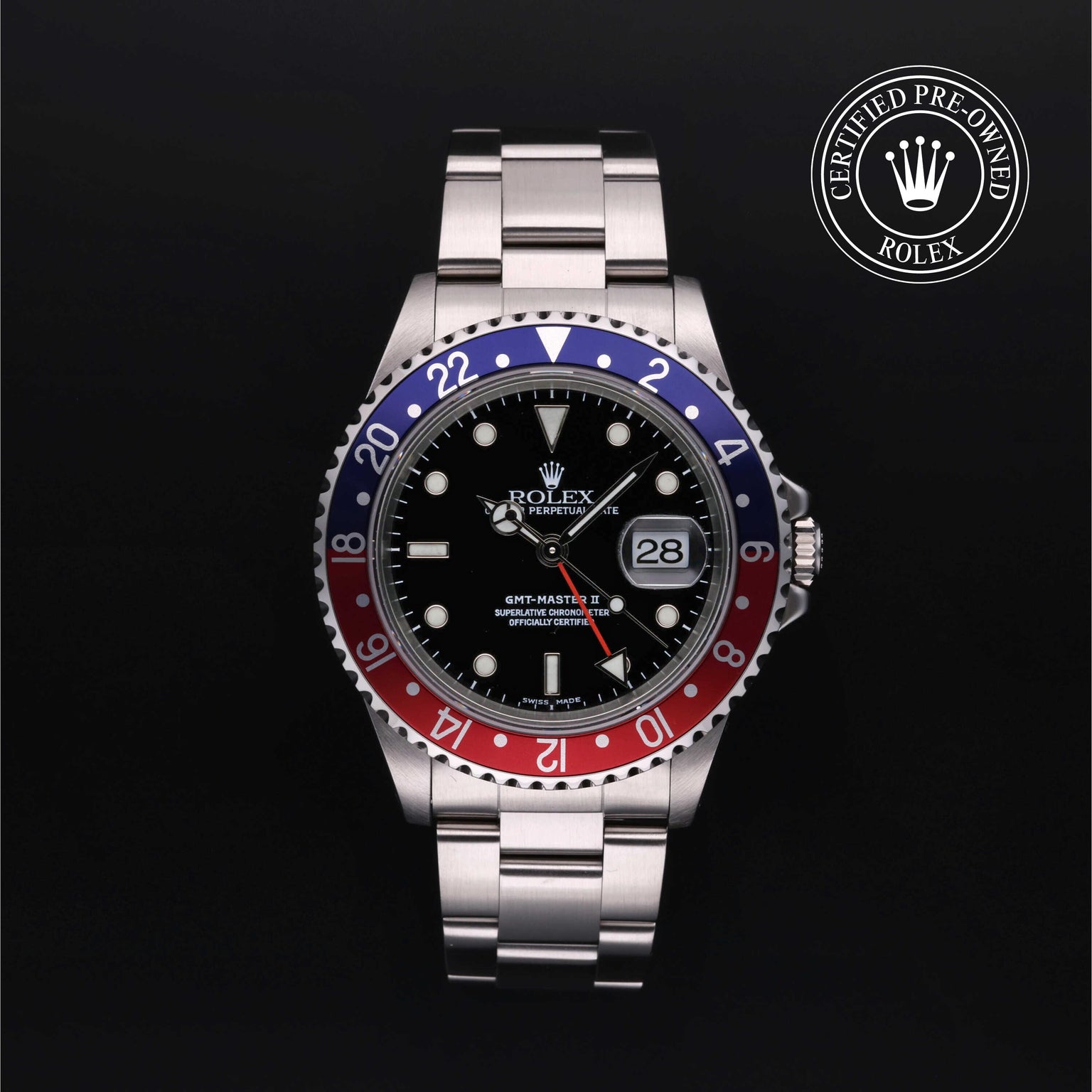 Rolex Certified Pre-owned GMT M16710BLRO-0005 front on black background