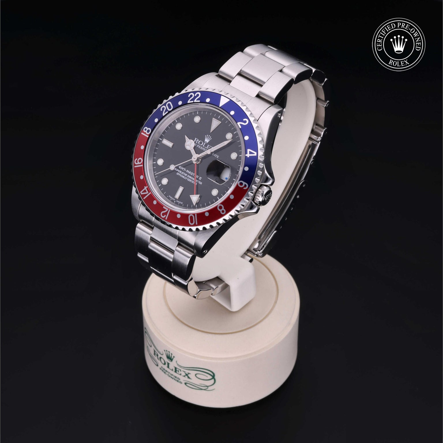 Rolex Certified Pre-owned GMT M16710BLRO-0005 front on black background