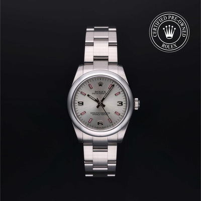 Rolex Certified Pre-owned Oyster Perpetual M177200-0009 front on black background