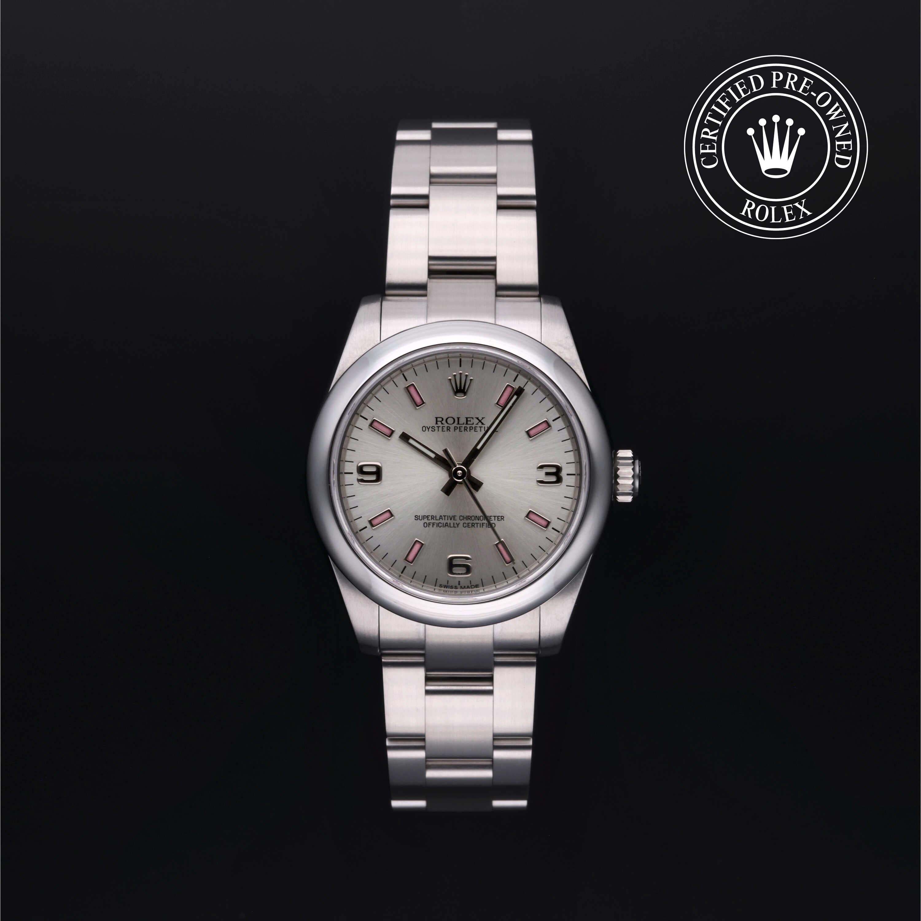 Rolex Certified Pre-owned Oyster Perpetual M177200-0009 front on black background