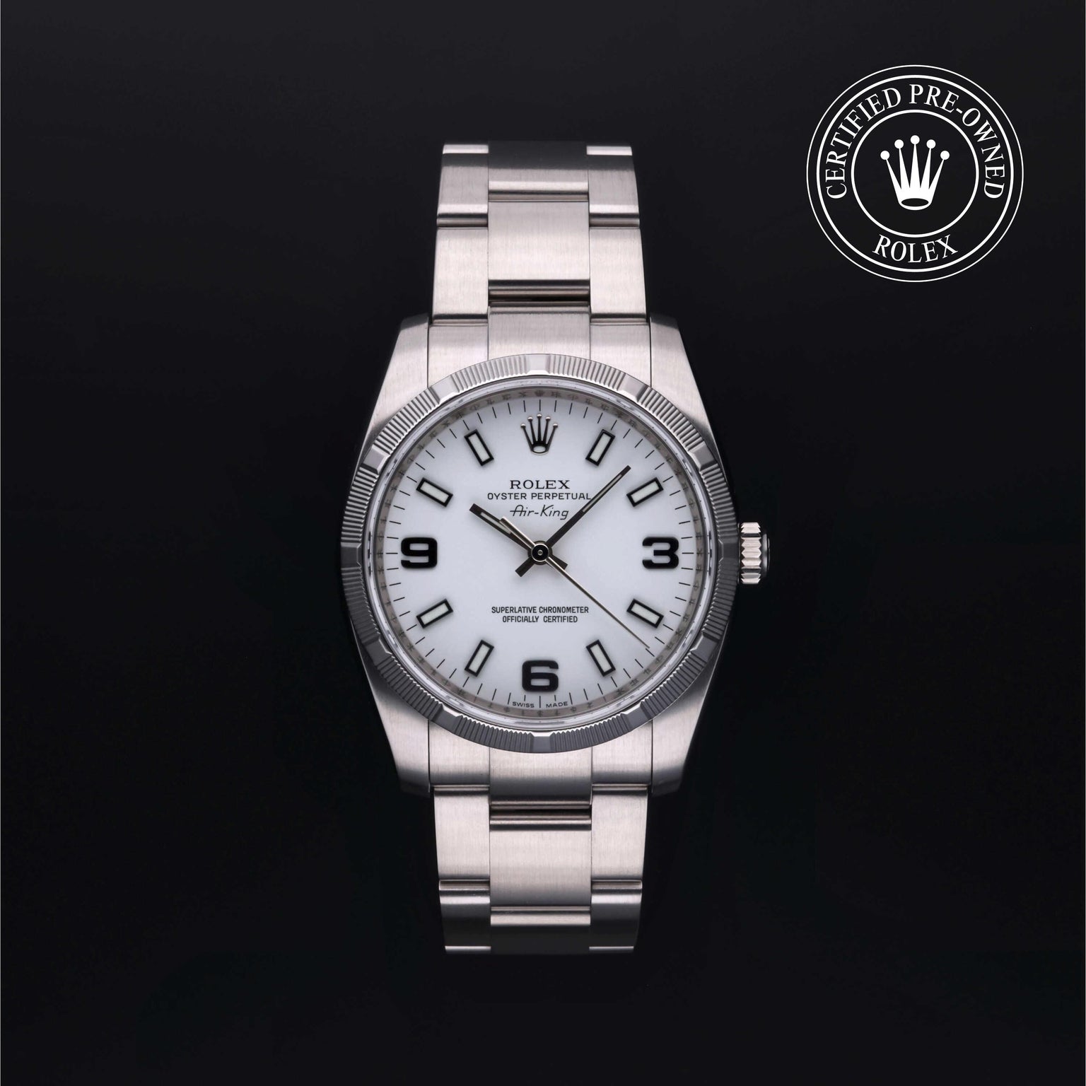 Rolex Certified Pre-owned Air-King M114210-0003 front on black background