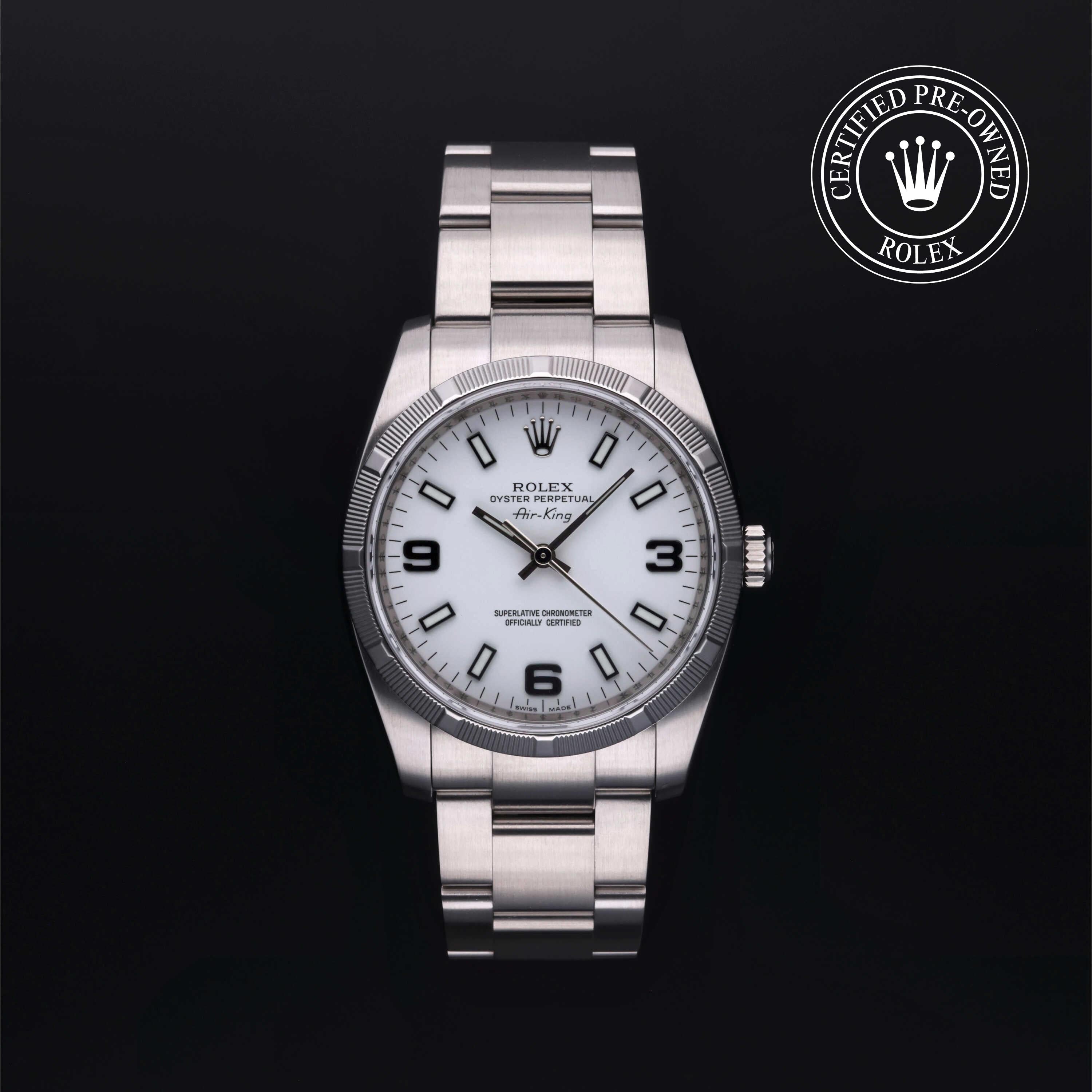 Rolex Certified Pre-owned Air-King M114210-0003 front on black background