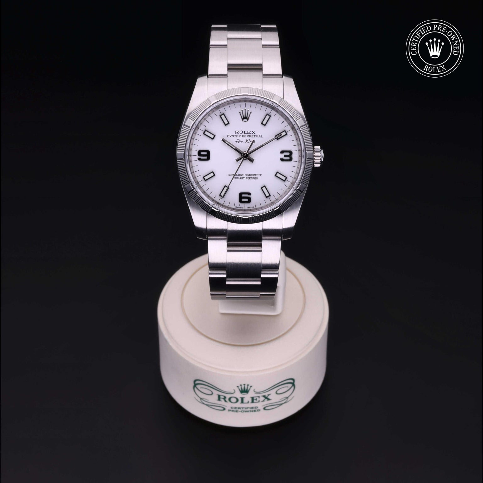 Rolex Certified Pre-owned Air-King M114210-0003 front on black background