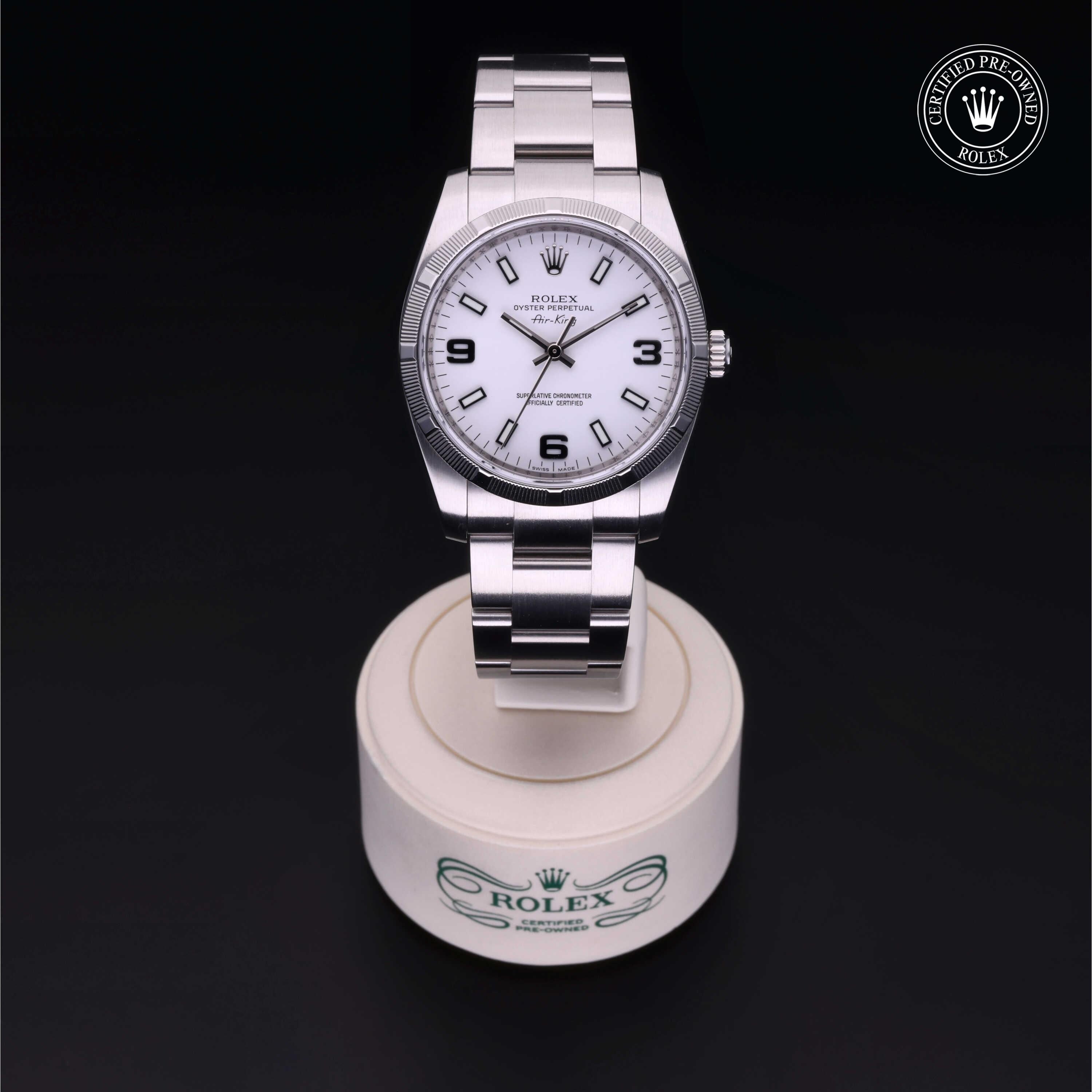 Rolex Certified Pre-owned Air-King M114210-0003 front on black background