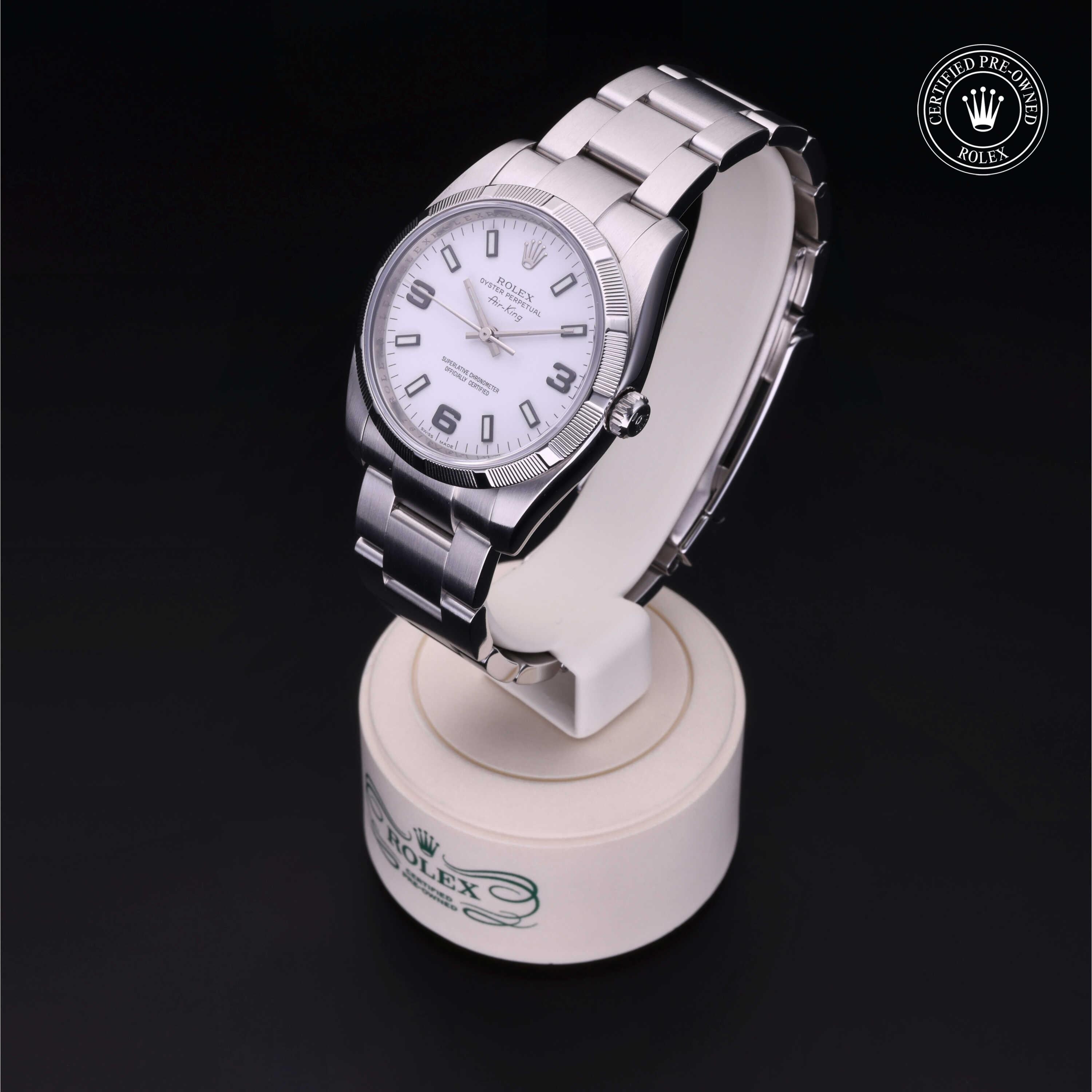 Rolex Certified Pre-owned Air-King M114210-0003 front on black background