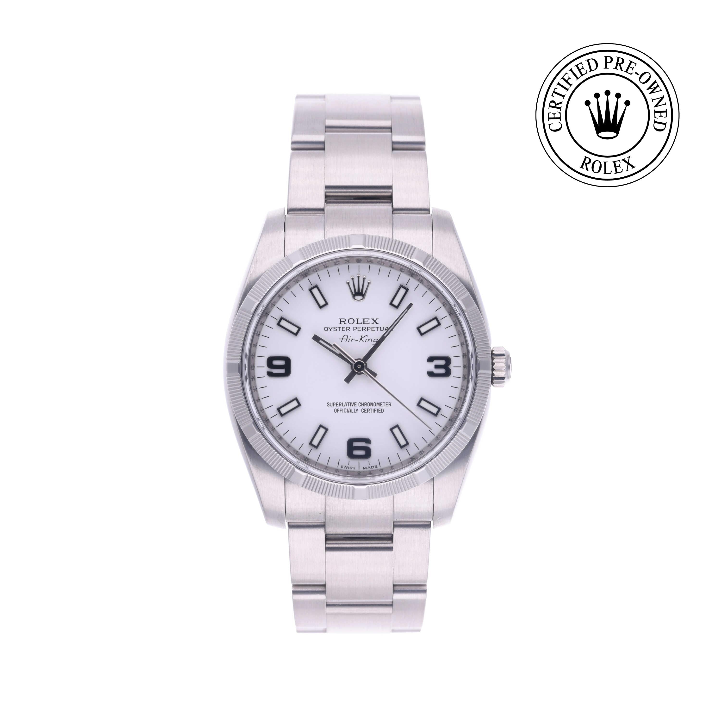 Rolex Certified Pre-owned Air-King M114210-0003 front on white background