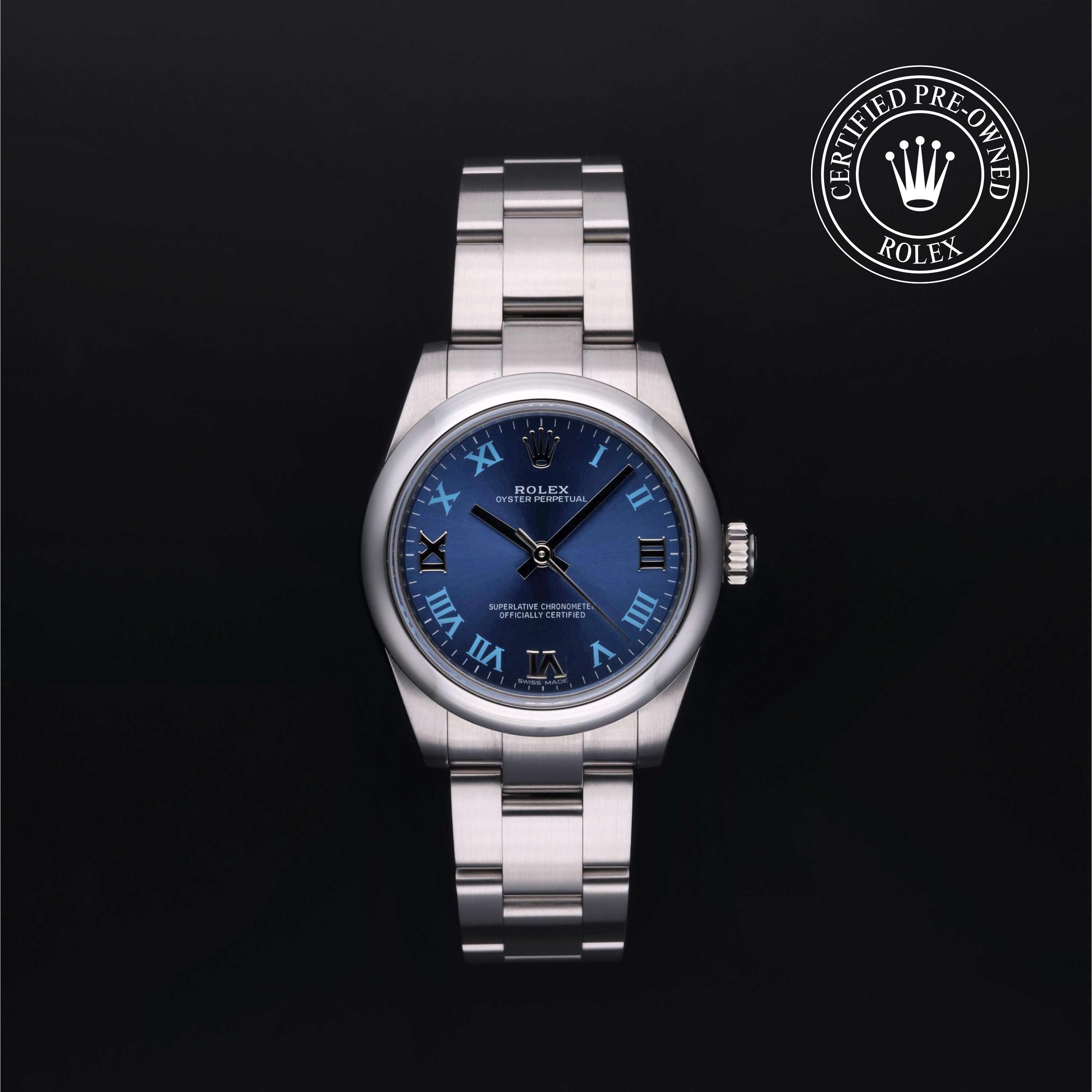 Rolex Certified Pre-owned Oyster Perpetual M177200-0015 front on black background