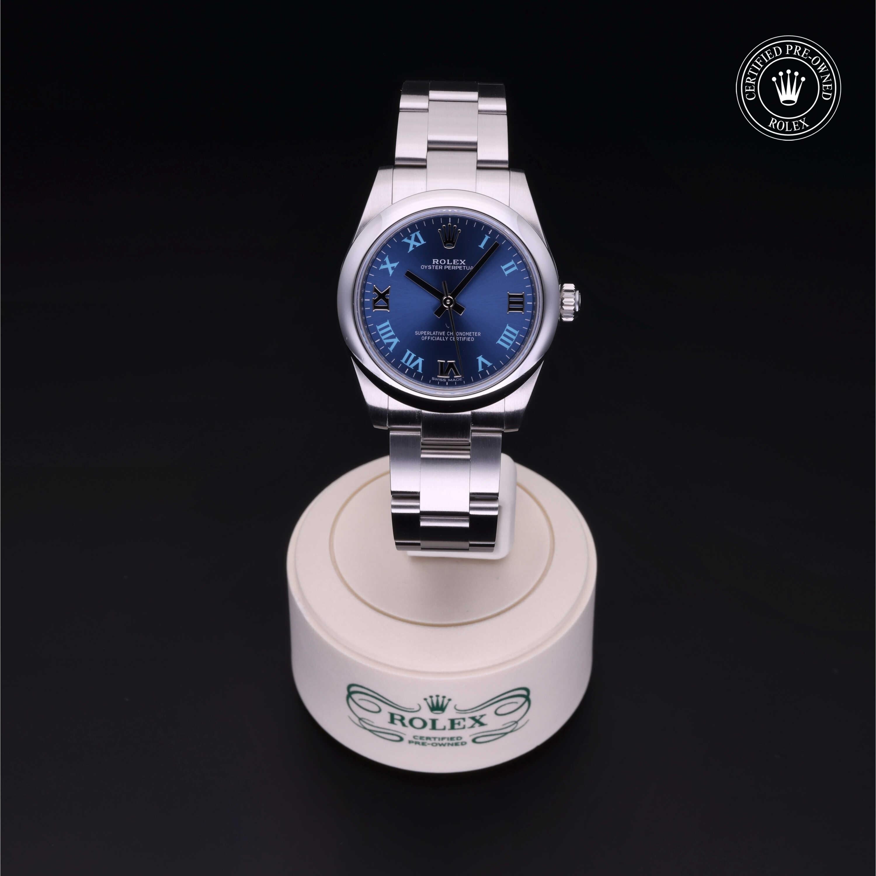 Rolex Certified Pre-owned Oyster Perpetual M177200-0015 front on black background
