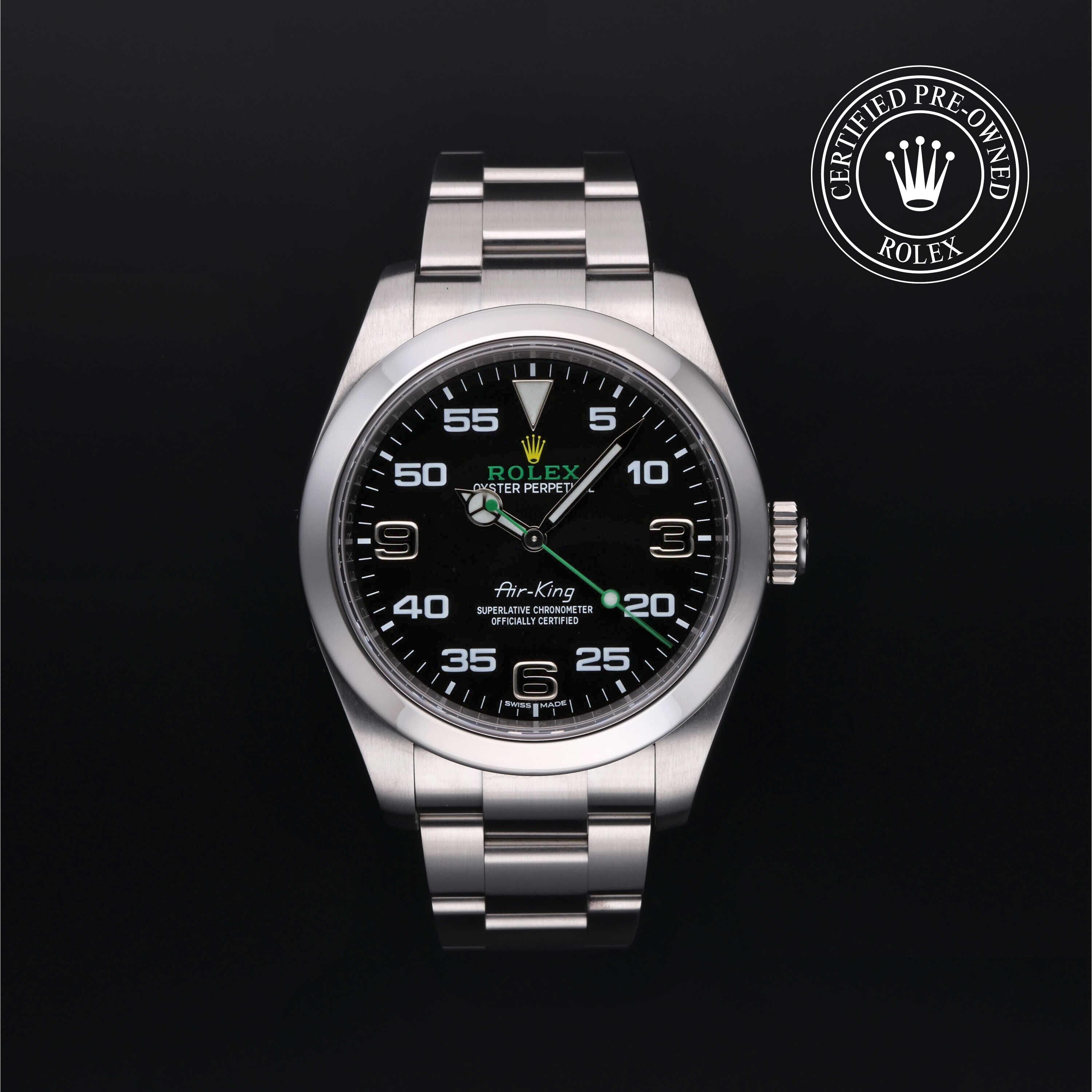 Rolex Certified Pre-owned Air-King M116900-0001 front on black background