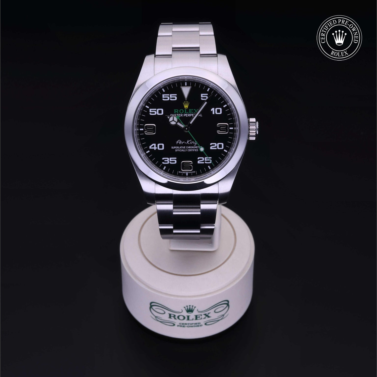 Rolex Certified Pre-owned Air-King M116900-0001 front on black background