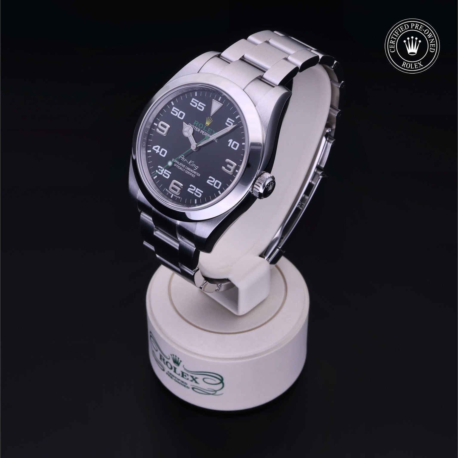 Rolex Certified Pre-owned Air-King M116900-0001 front on black background