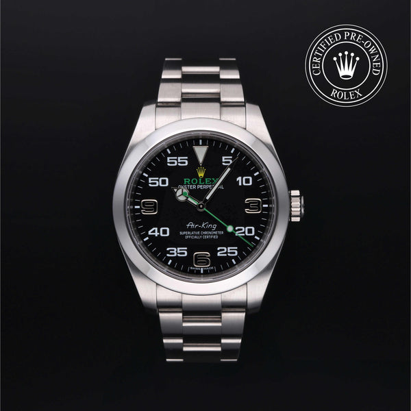 Rolex Certified Pre-owned Air-King M116900-0001 front on black background