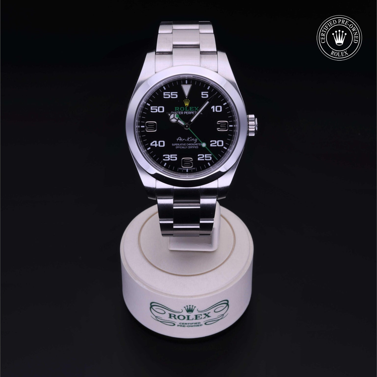 Rolex Certified Pre-owned Air-King M116900-0001 front on black background