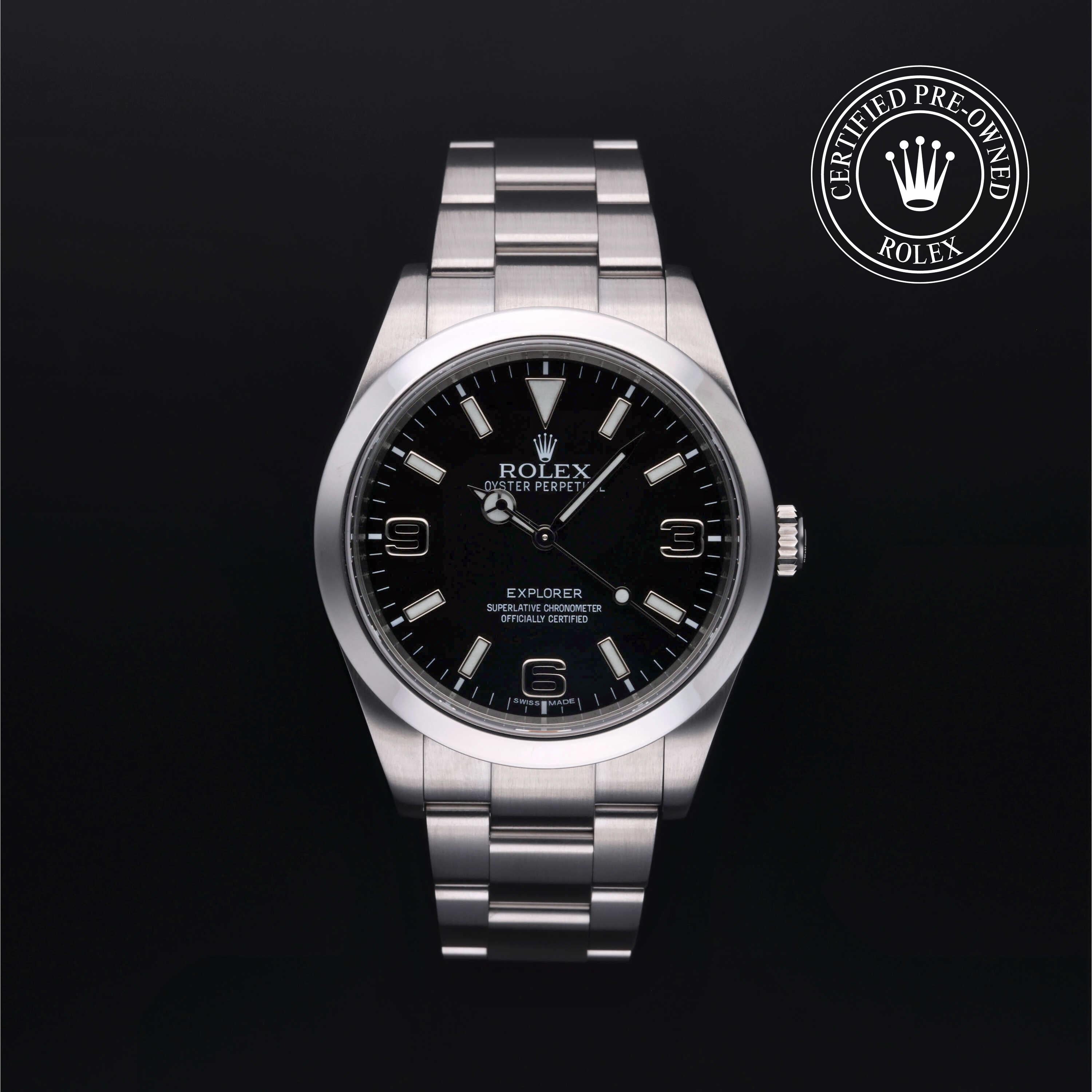 Rolex Certified Pre-owned Explorer M214270-0001 front on black background