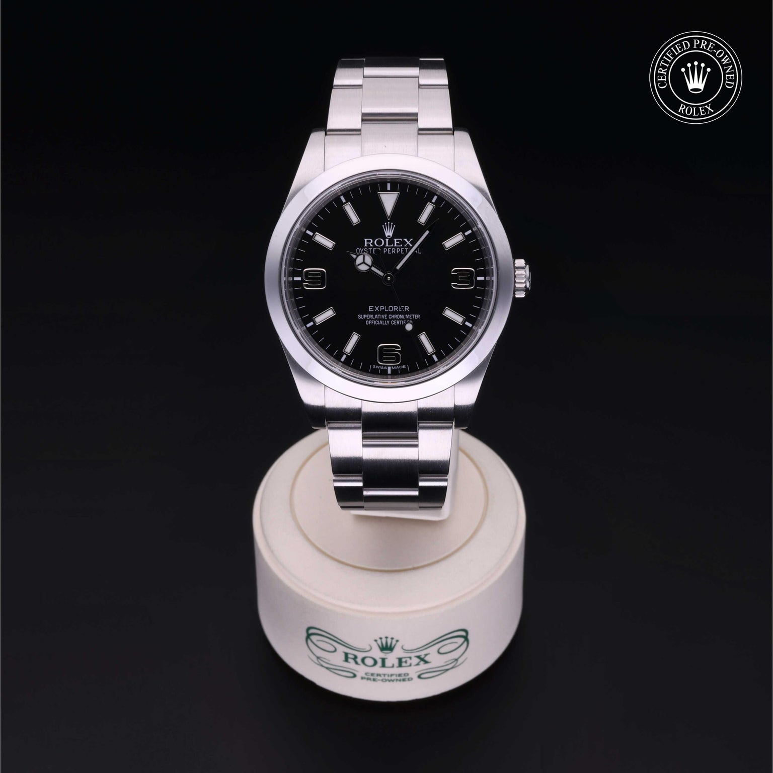 Rolex Certified Pre-owned Explorer M214270-0001 front on black background