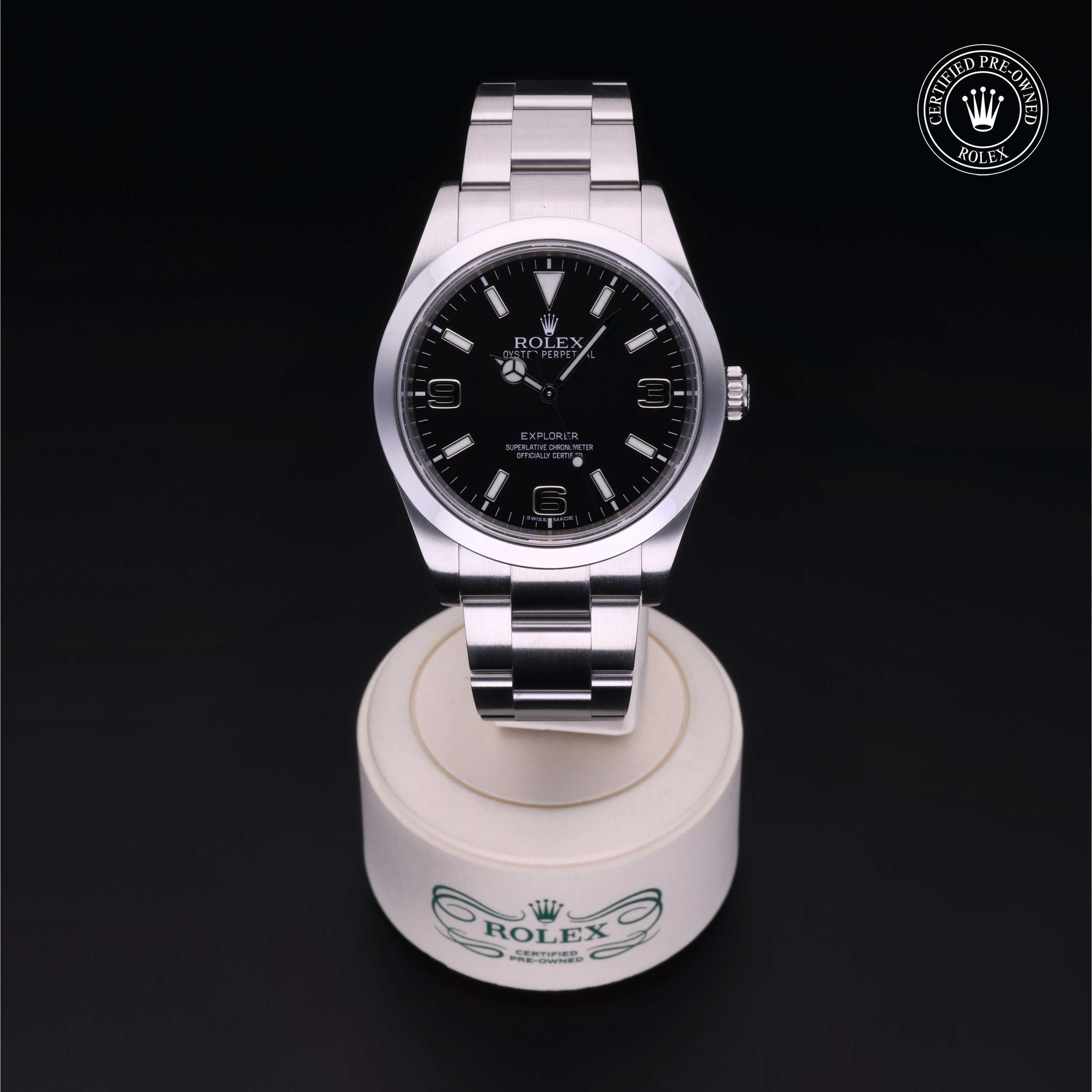 Rolex Certified Pre-owned Explorer M214270-0001 front on black background