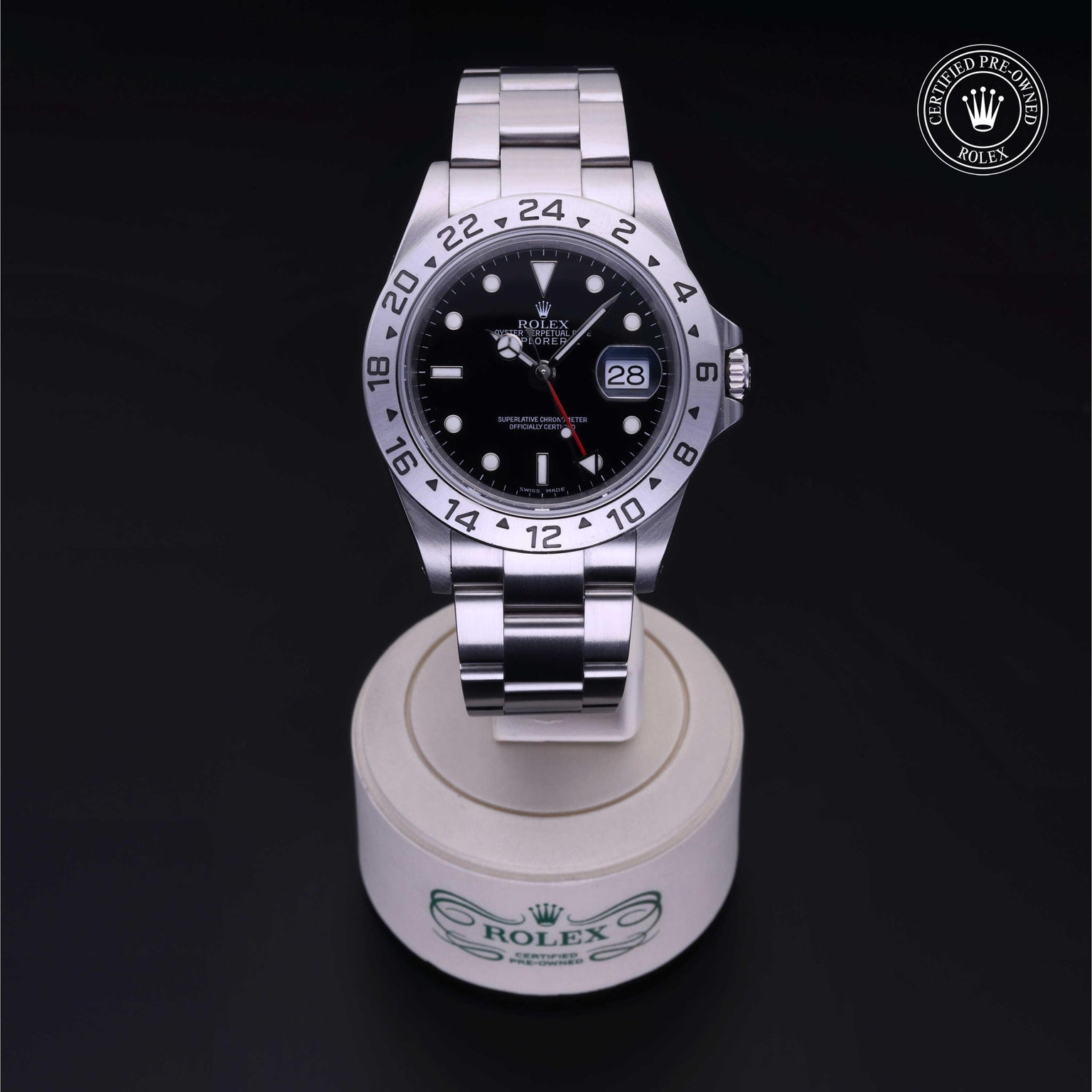 Rolex Certified Pre-owned Explorer M16570-0005 front on black background
