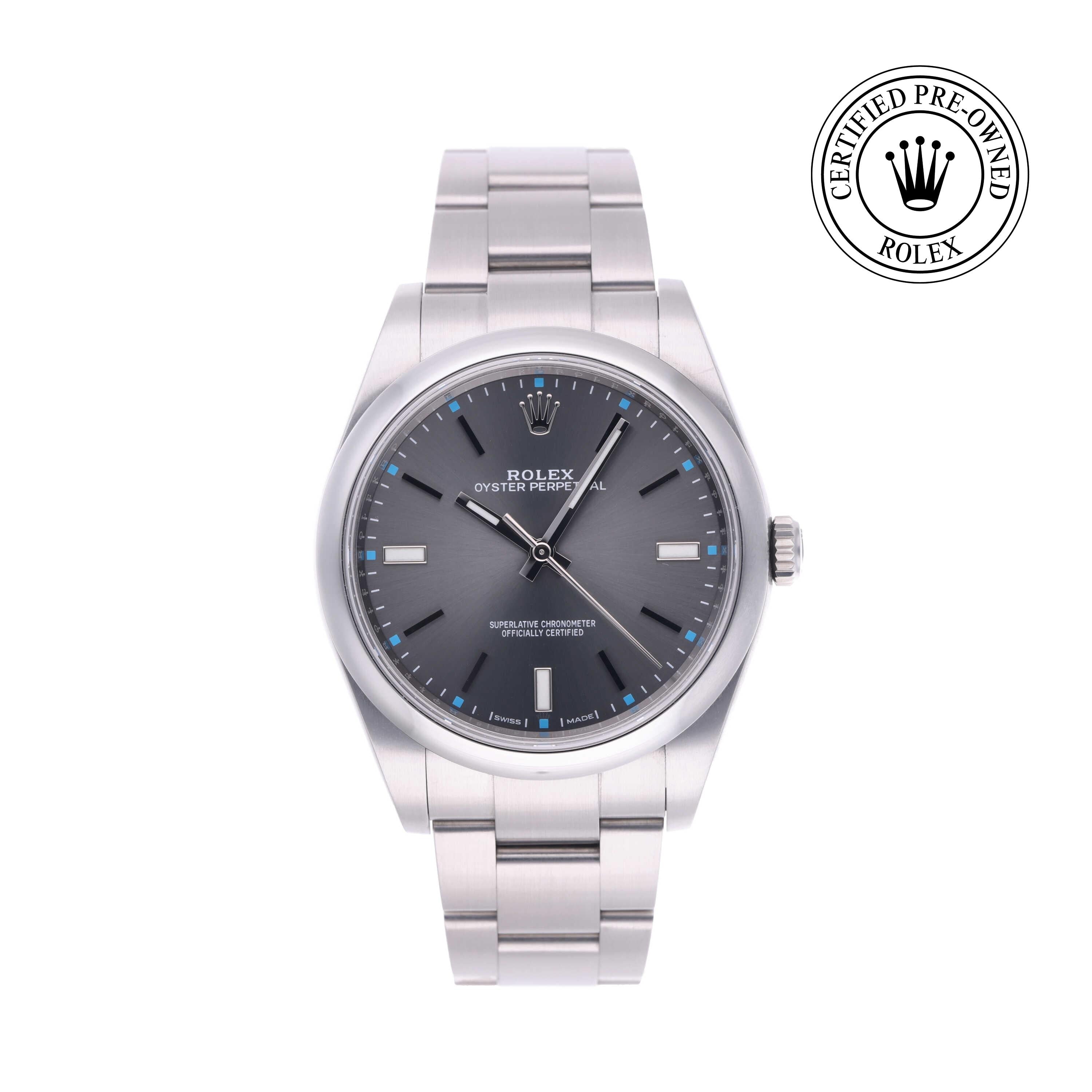 Rolex Certified Pre-owned Oyster Perpetual M114300-0001 front on white background