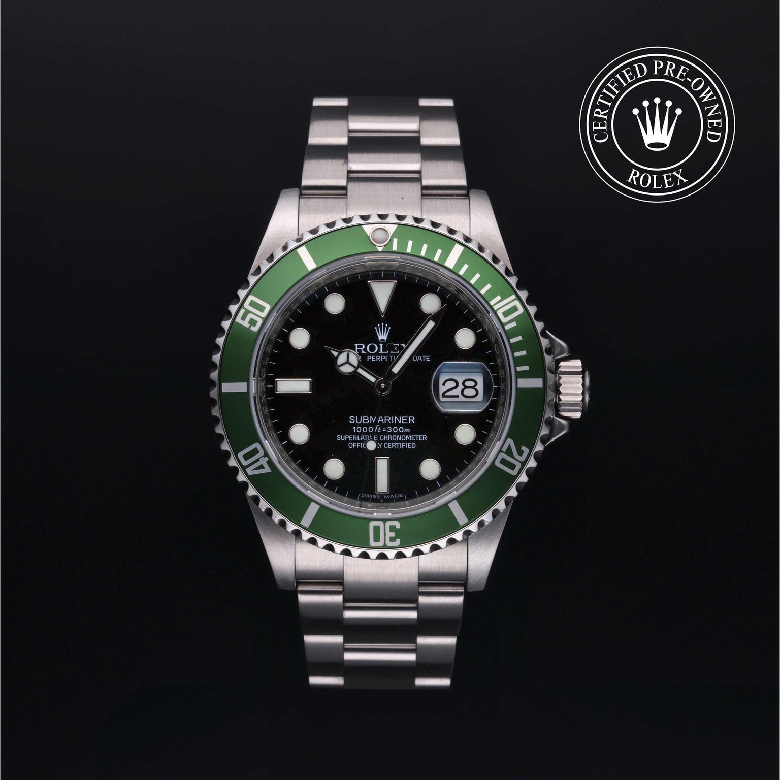 Rolex Certified Pre-owned Submariner M16610LV-0002 front on black background