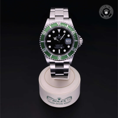 Rolex Certified Pre-owned Submariner M16610LV-0002 front on black background