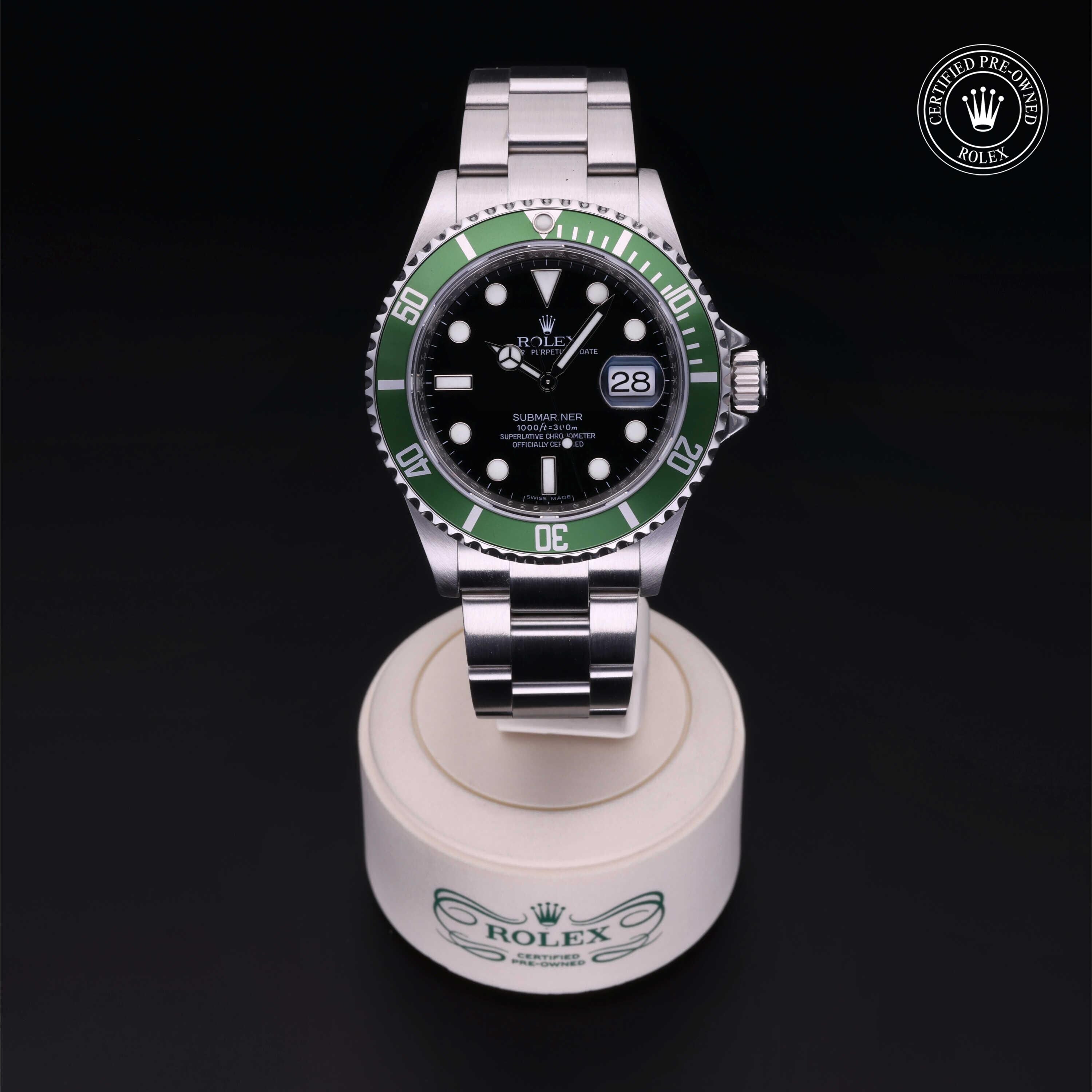 Rolex Certified Pre-owned Submariner M16610LV-0002 front on black background
