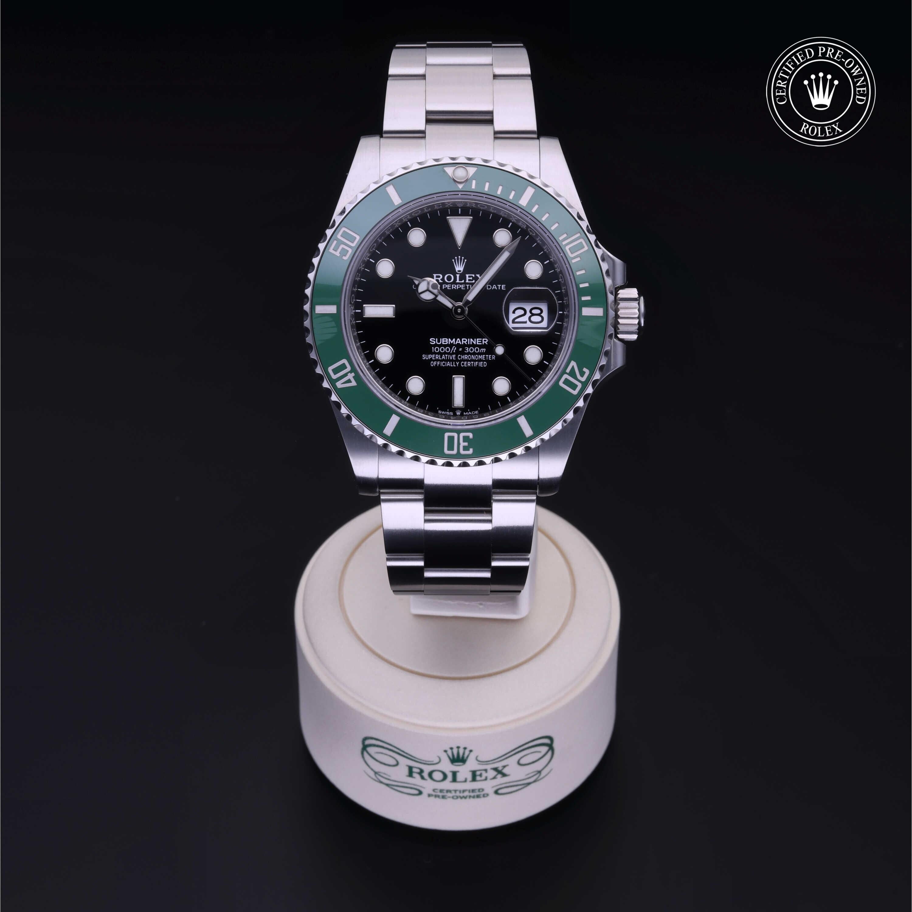 Rolex Certified Pre-owned Submariner M126610LV-0002 front on black background