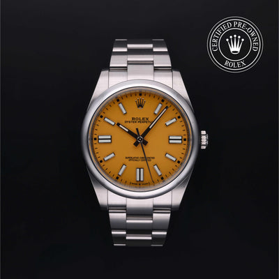 Rolex Certified Pre-owned Oyster Perpetual M124300-0004 front on black background