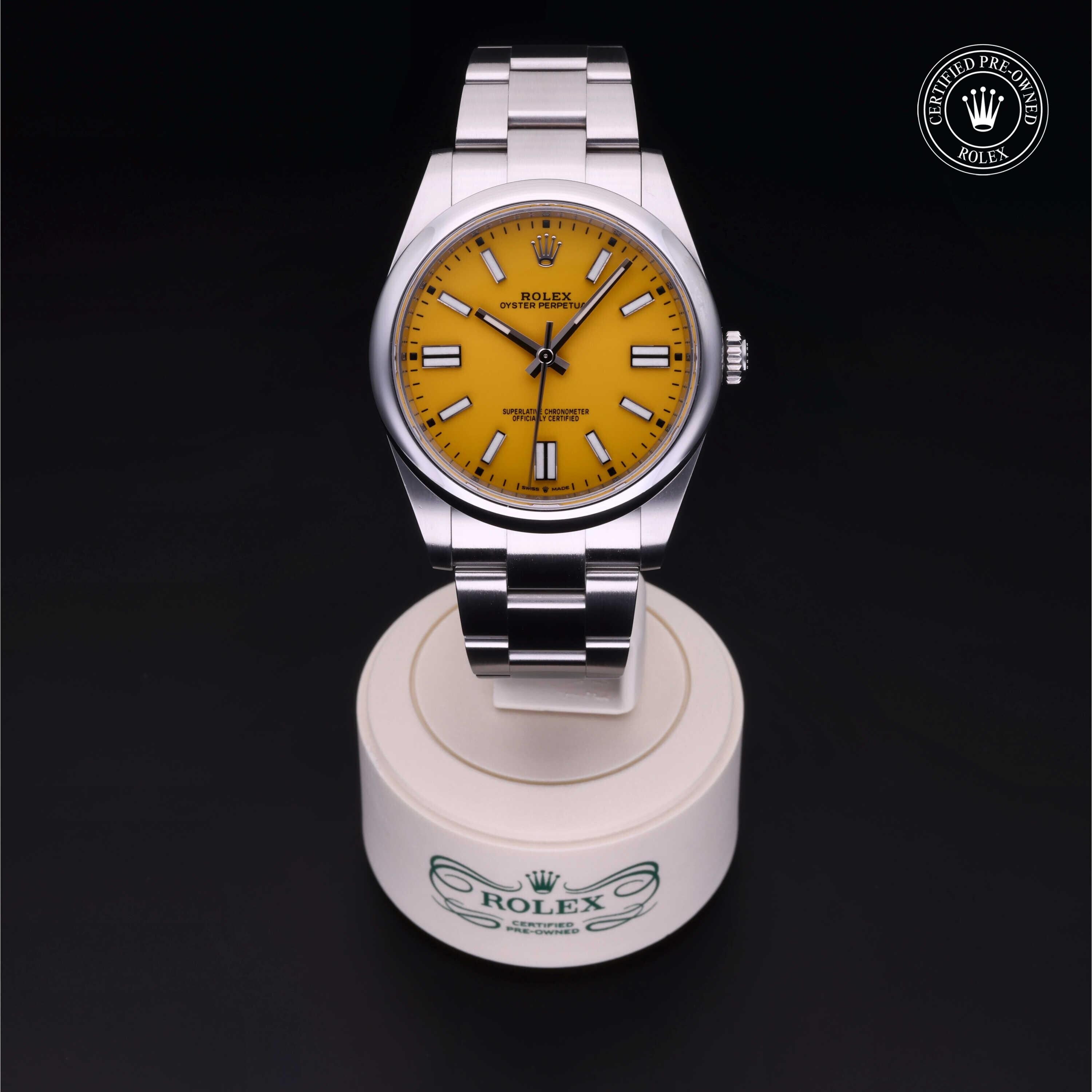 Rolex Certified Pre-owned Oyster Perpetual M124300-0004 front on black background
