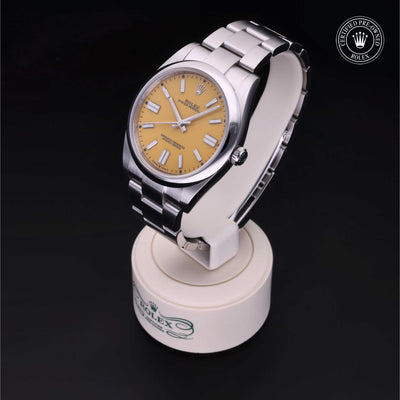 Rolex Certified Pre-owned Oyster Perpetual M124300-0004 front on black background
