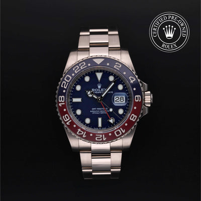 Rolex Certified Pre-owned GMT M126719BLRO-0003 front on black background