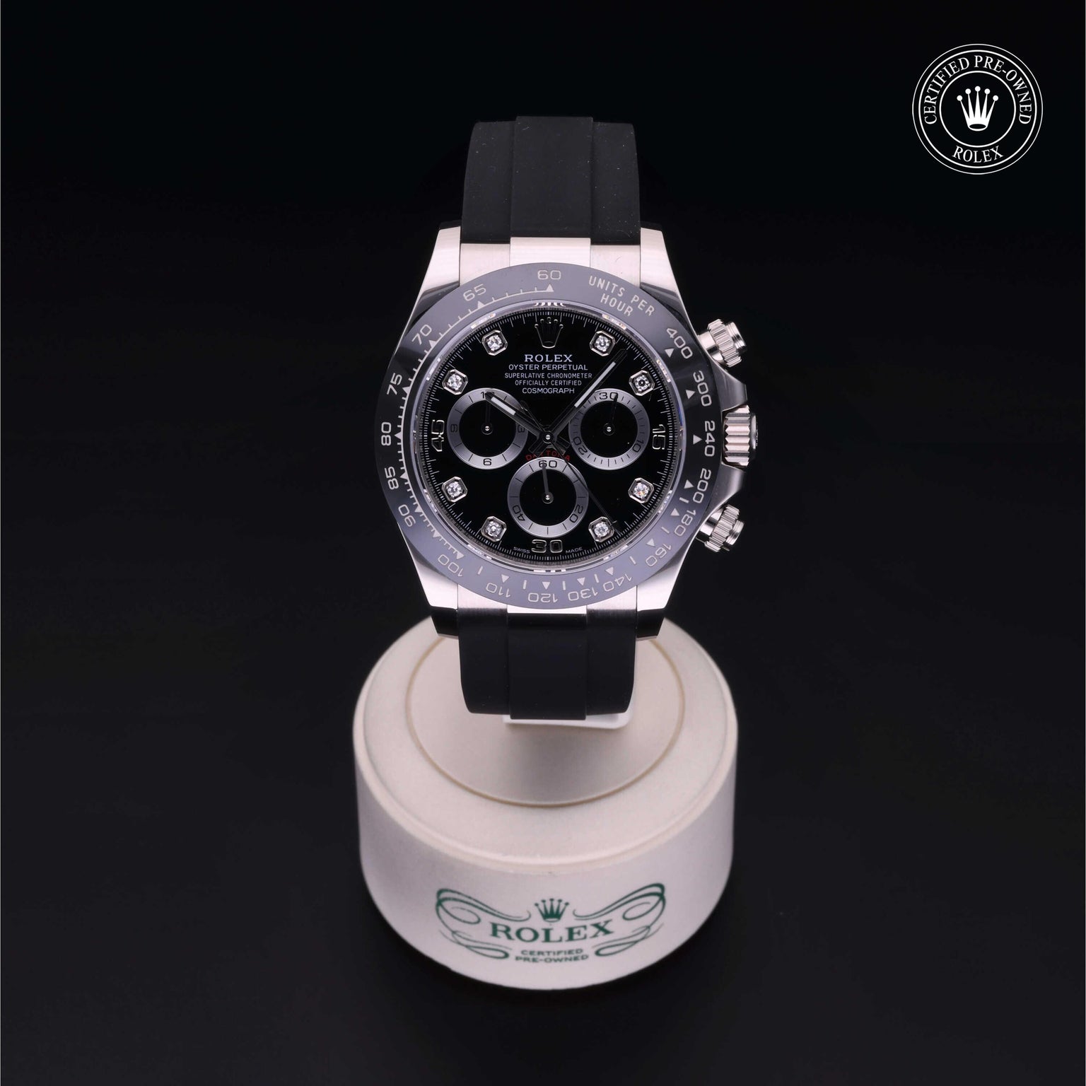 Rolex Certified Pre-owned Daytona M116519LN-0025 front on black background