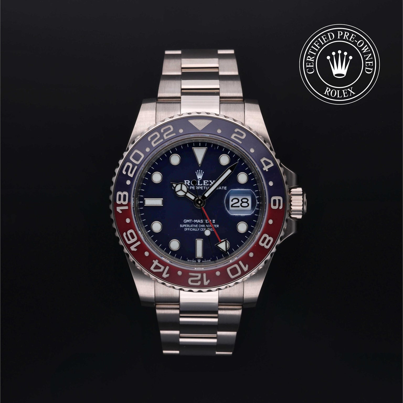 Rolex Certified Pre-owned GMT M126719BLRO-0003 front on black background