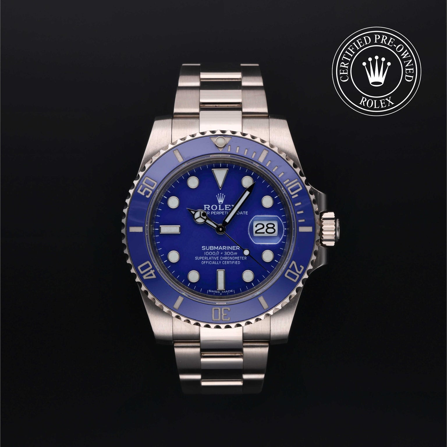 Rolex Certified Pre-owned Submariner M116619LB-0001 front on black background