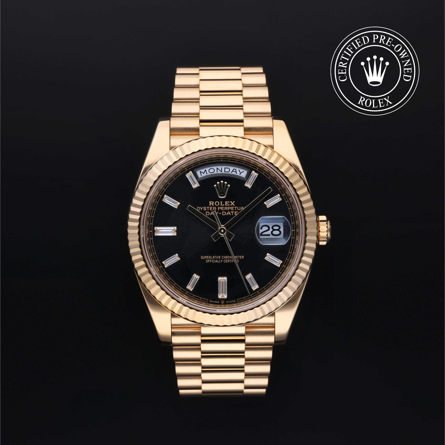Rolex Certified Pre-owned Day-date M228238-0008 front on black background