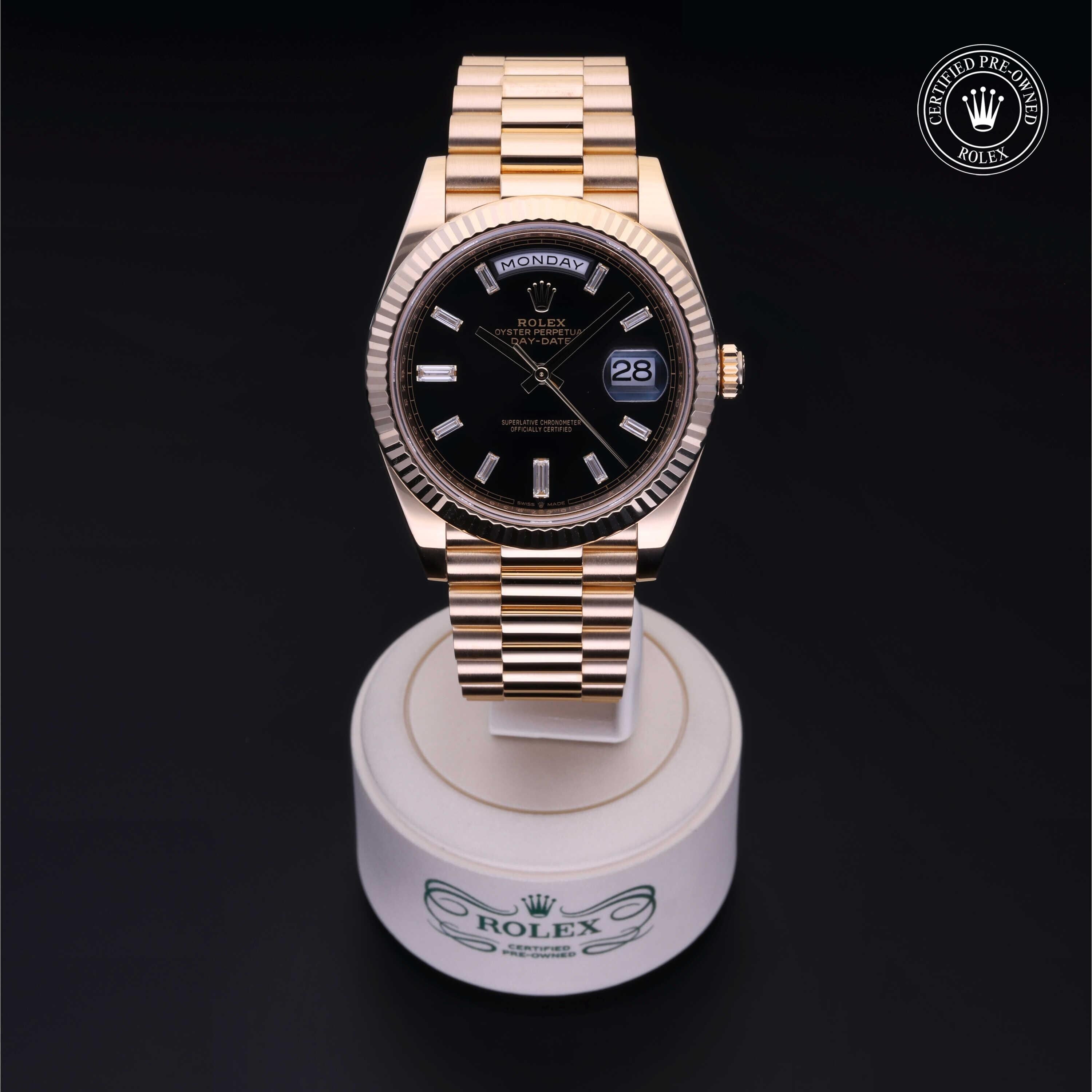 Rolex Certified Pre-owned Day-date M228238-0008 front on black background